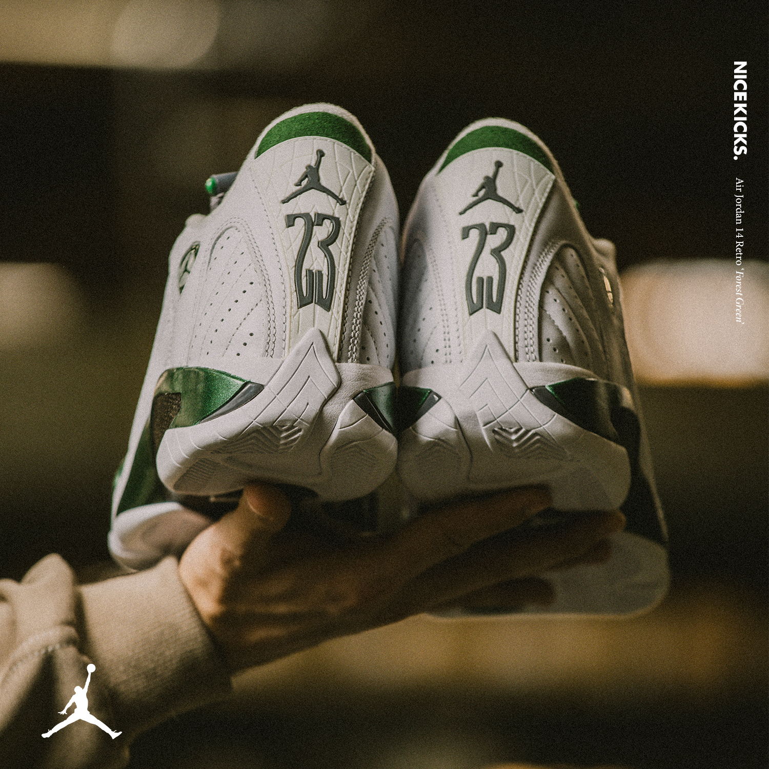 Person holding a pair of white and green athletic shoes.