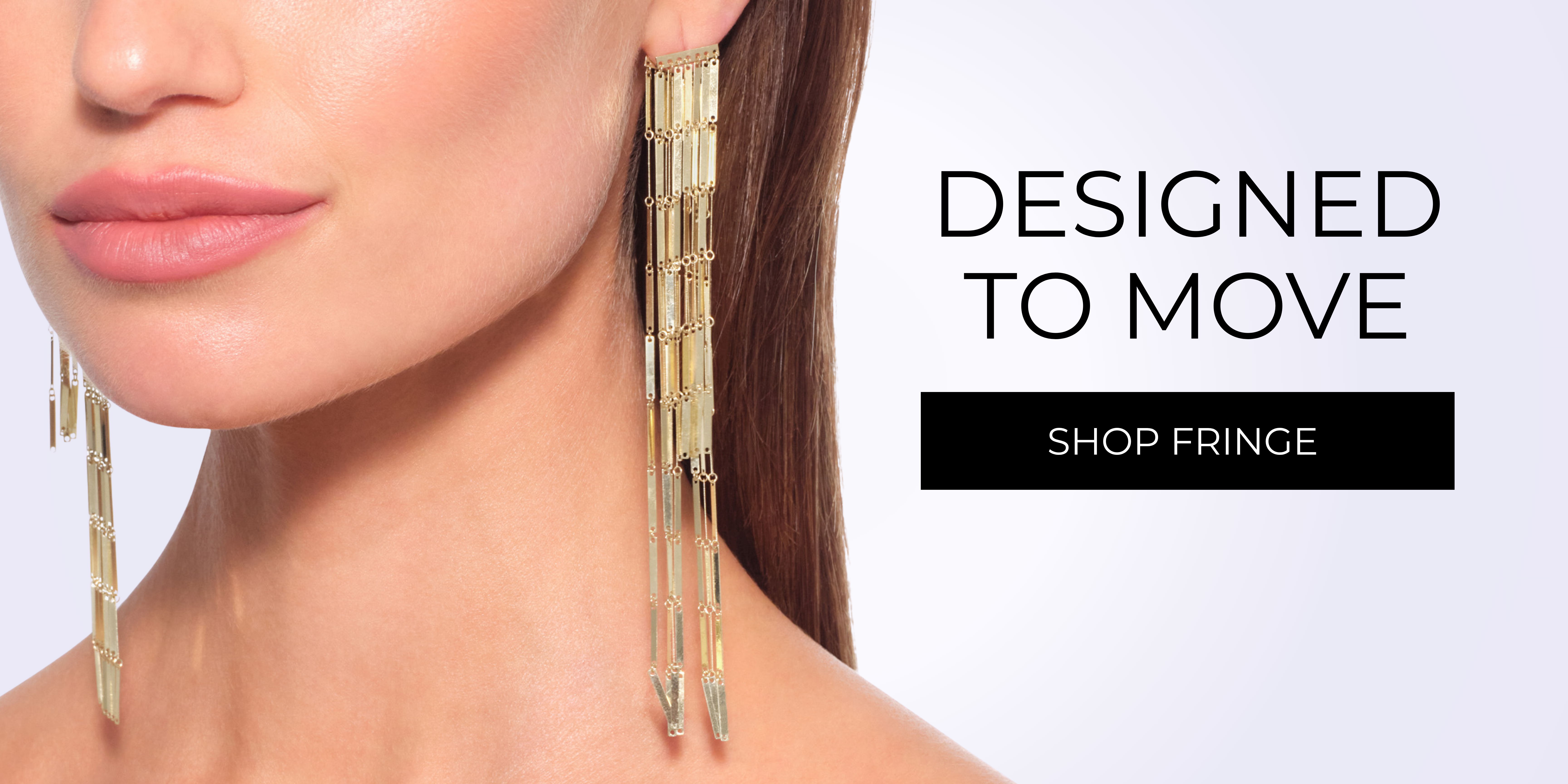 Model wearing elegant earrings with text 