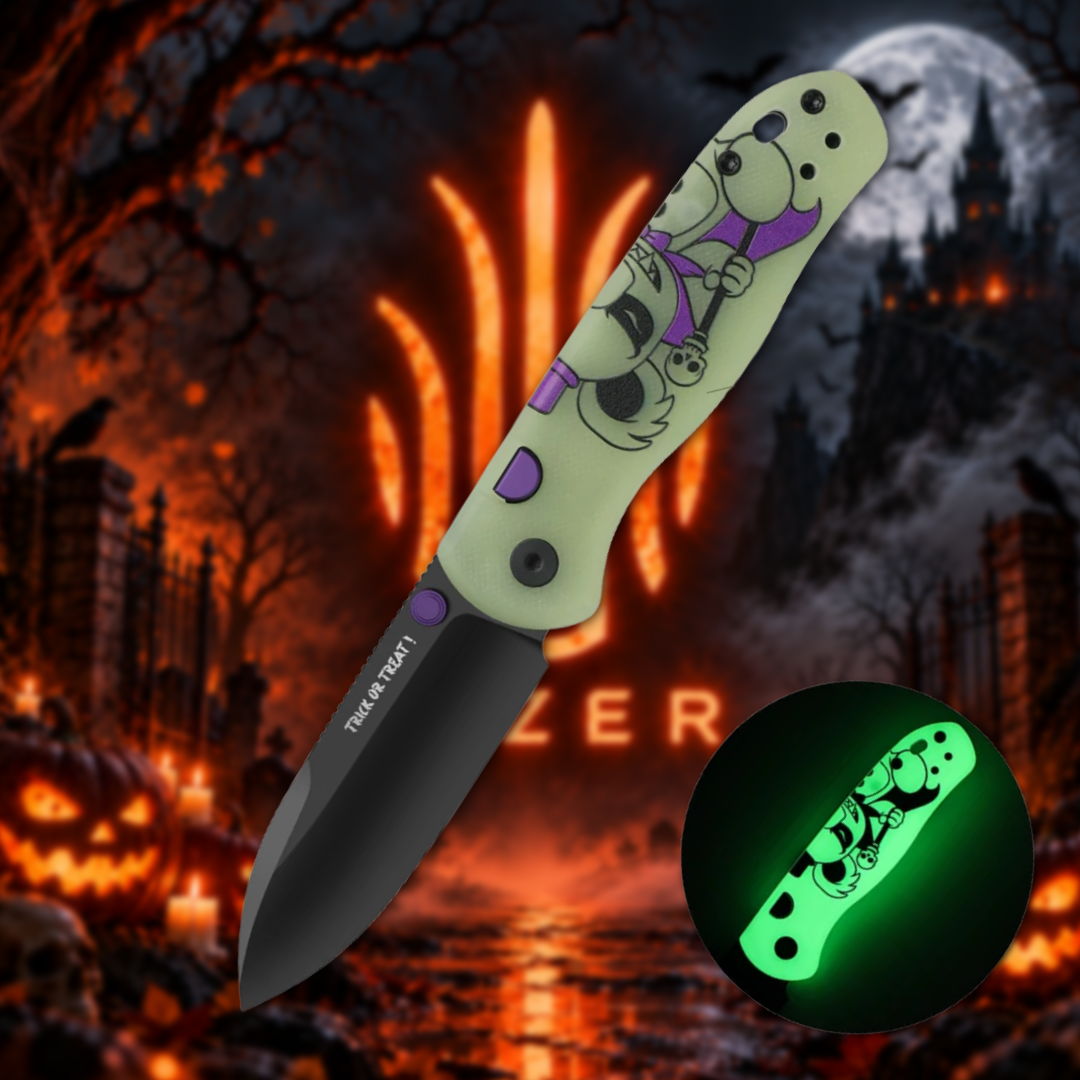 A knife with a colorful handle against a spooky Halloween background.