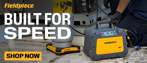 Fieldpiece MR45 refrigerant recovery machine with tank in HVAC service setting, Built for Speed homepage banner.