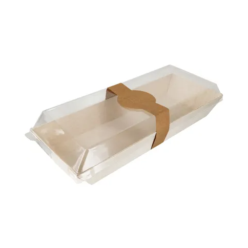 A rectangular wooden tray with a clear lid