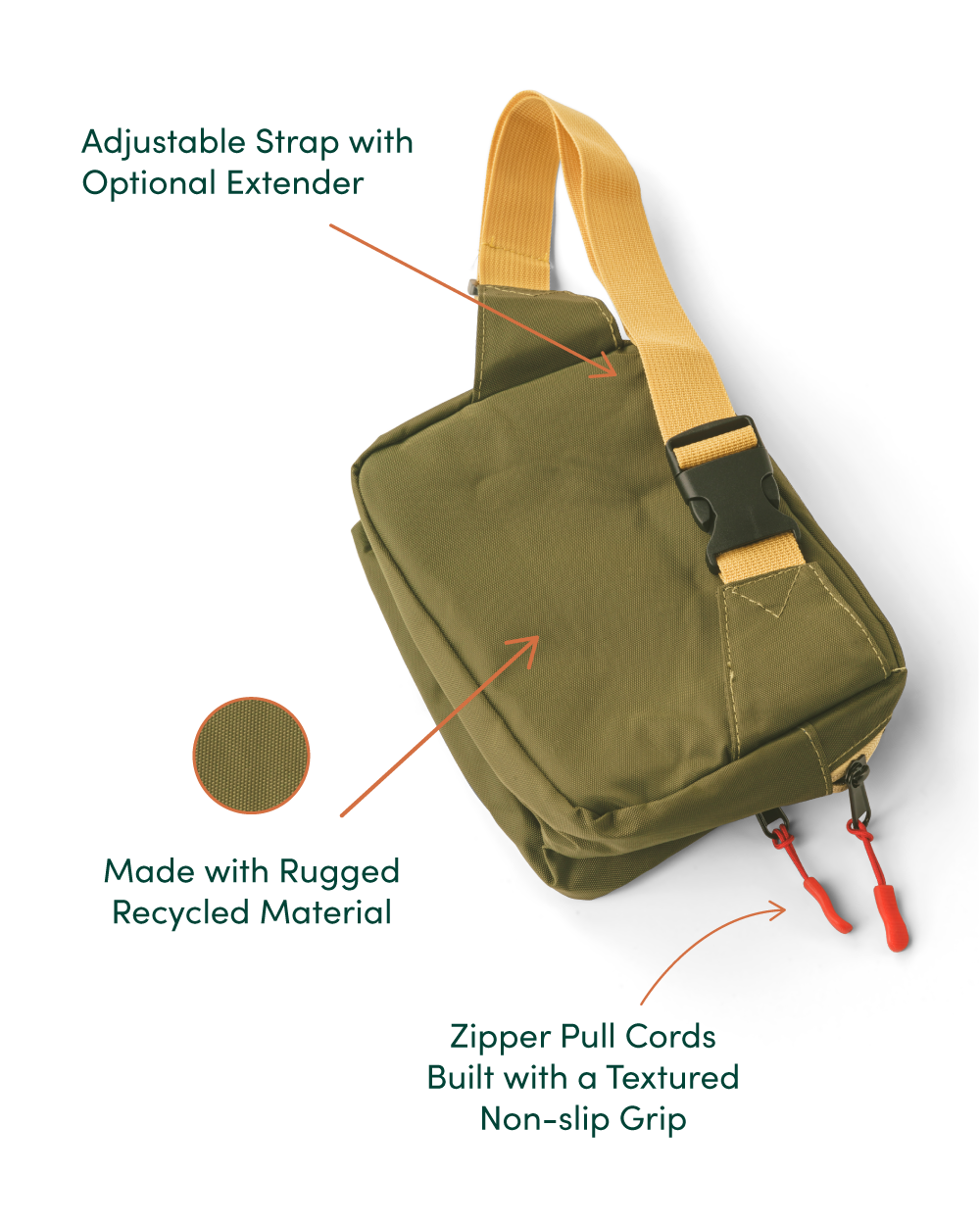 Adjustable Strap with Optional Extender. Made with Rugged Recycled Material. Zipper Pull Cords Built with a Textured Non-slip Grip.