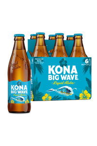 Kona Big Wave beer bottles in a six-pack with tropical design.