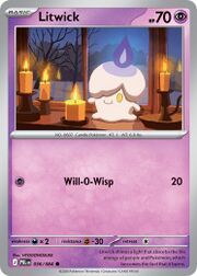 A Pokémon card featuring Litwick with candles in the background.