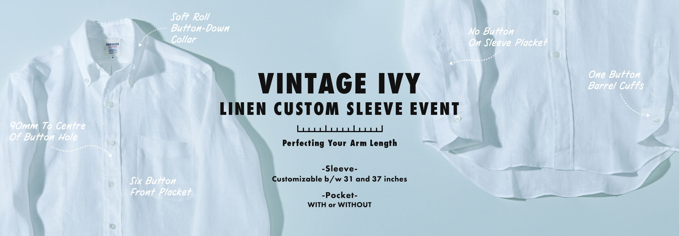 Vintage Ivy linen custom sleeve shirt advertisement with product details and images.