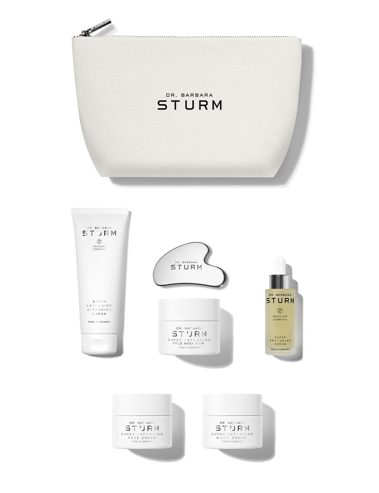 Skincare products and tools arranged with a white cosmetic pouch.
