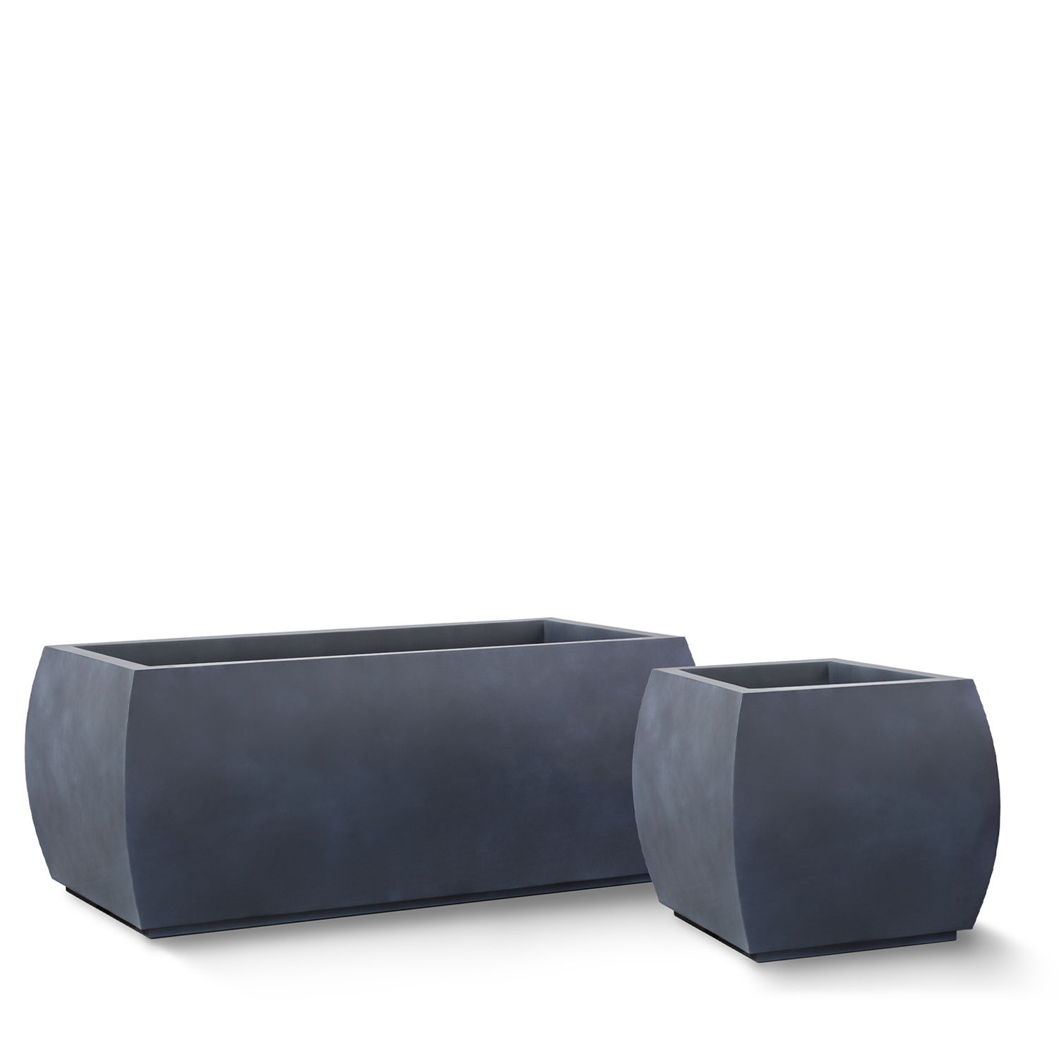 Two modern dark gray planters of different sizes.