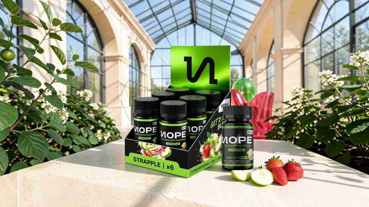 Display of health supplements in a greenhouse setting with fruits.