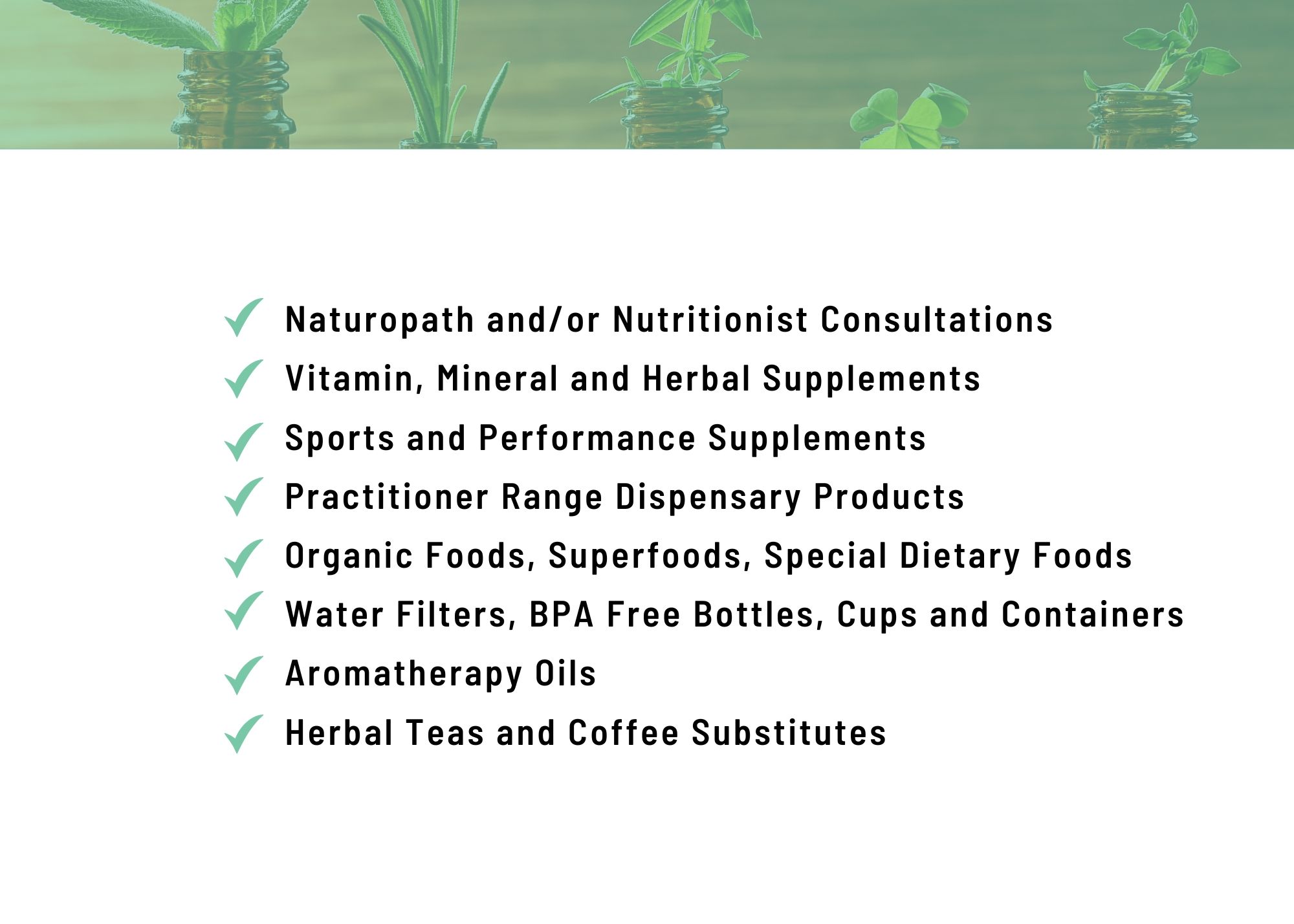 List of health and wellness products and services offered.