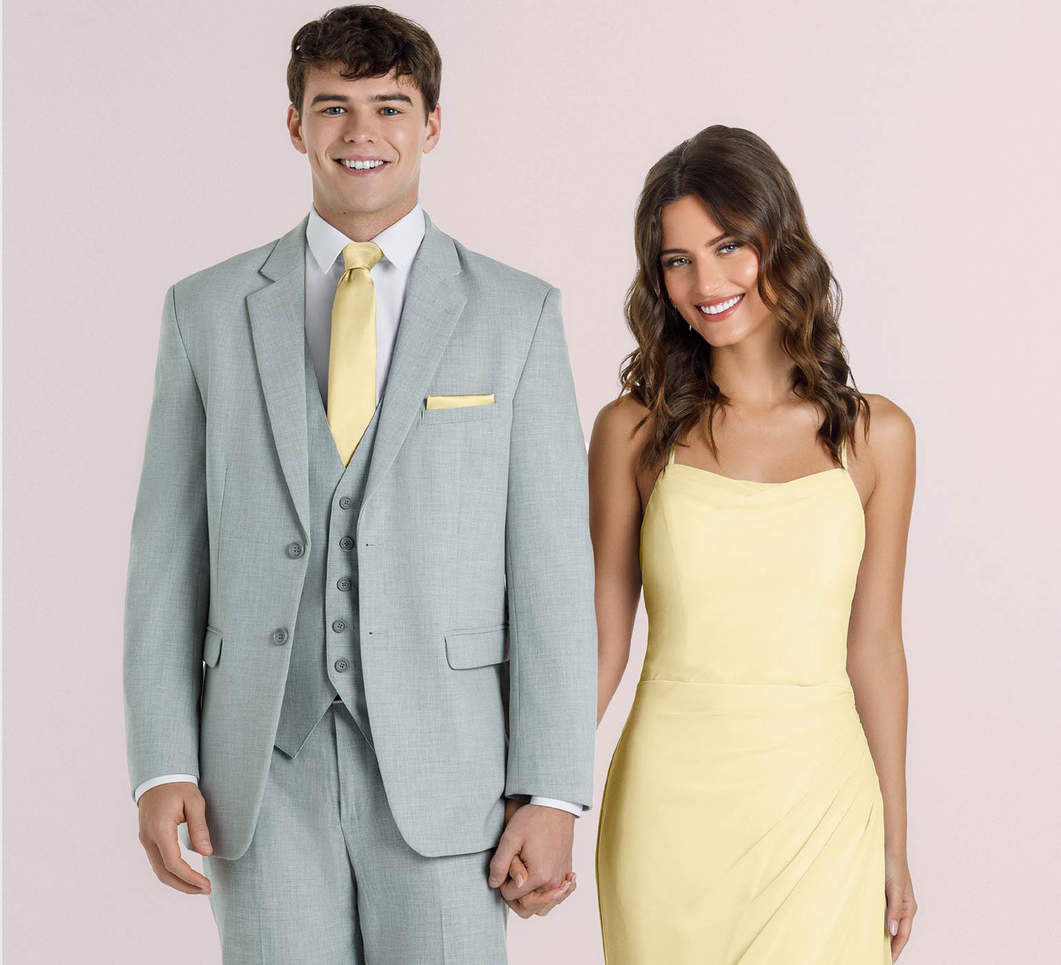 Light Grey Suit with Buttercup Bridesmaid Dress