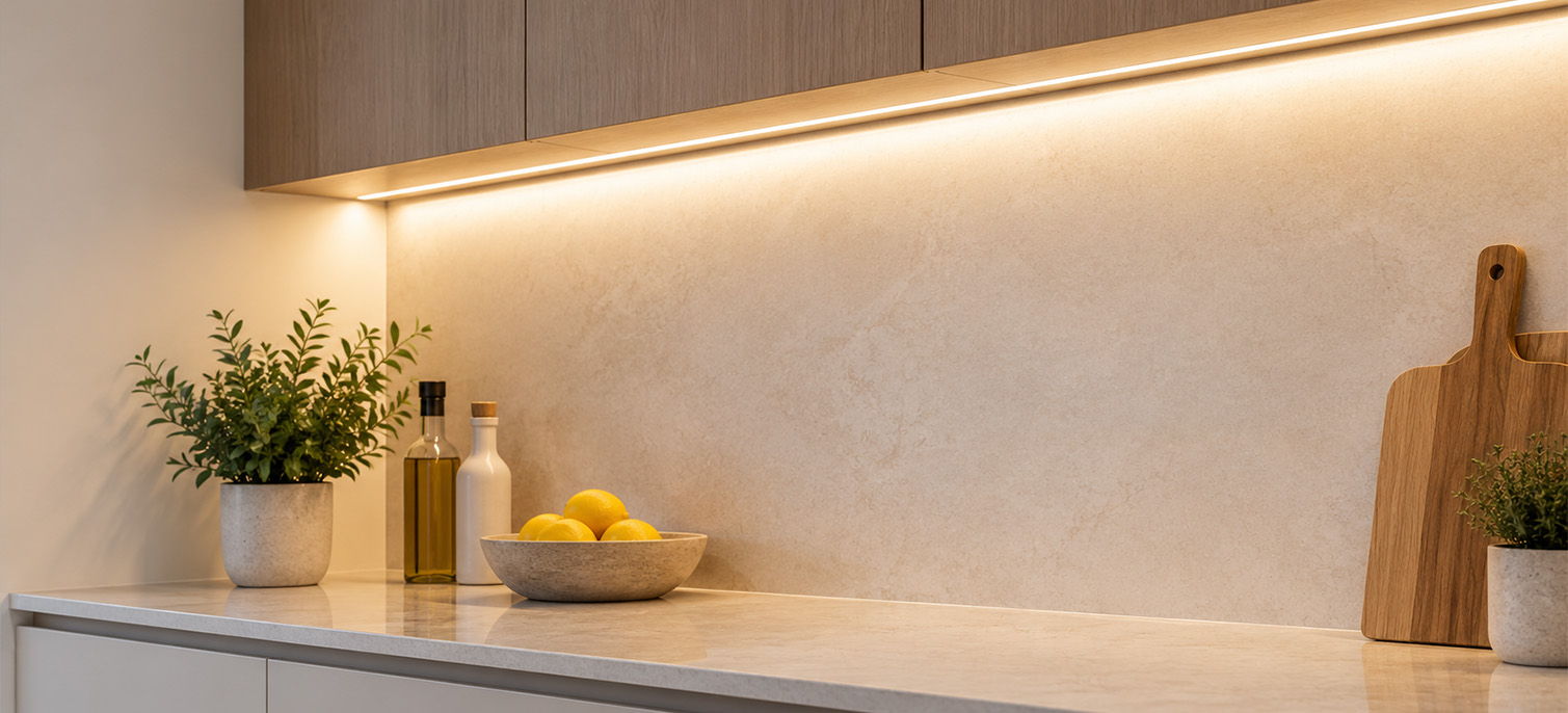 GL LED modular cabinet lighting system installed under kitchen cabinets