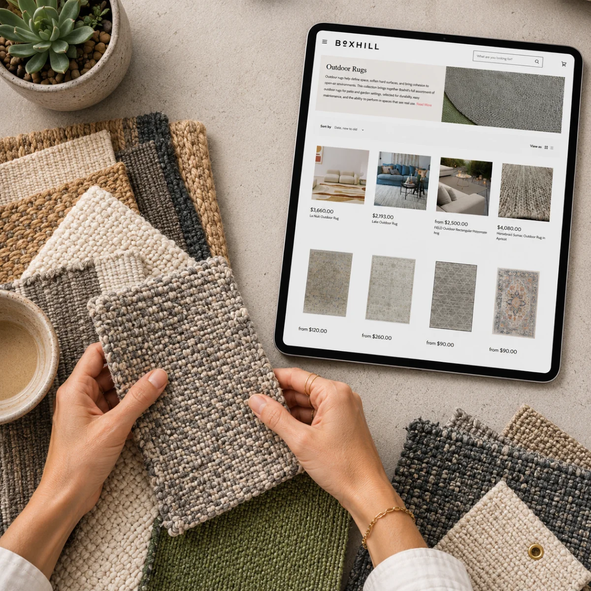 Hands comparing outdoor rug swatches beside a tablet displaying the Boxhill outdoor rug collection, helping shoppers choose the best patio rug. 
