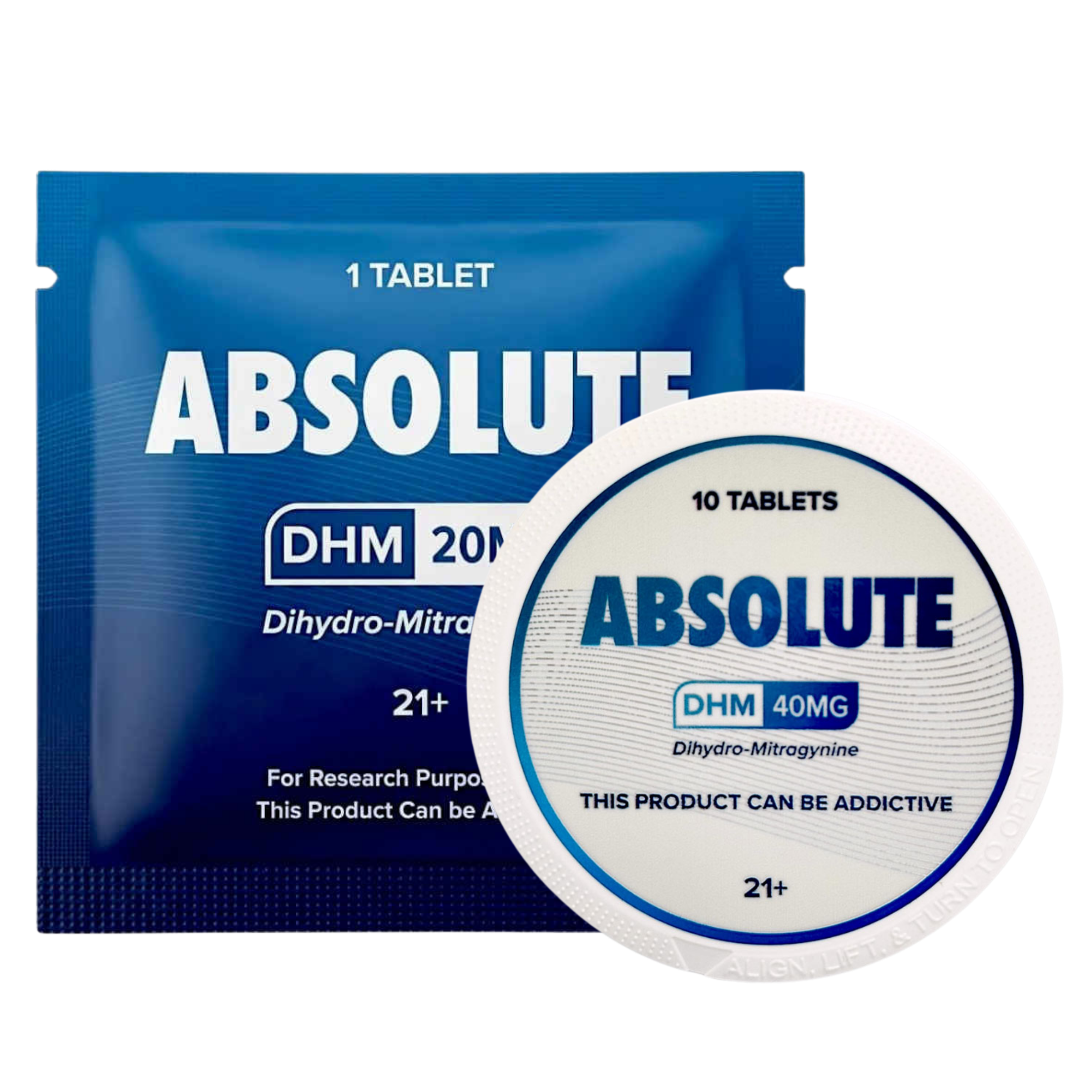 Packaging of Absolute DHM tablets, one tablet and ten tablets displayed.