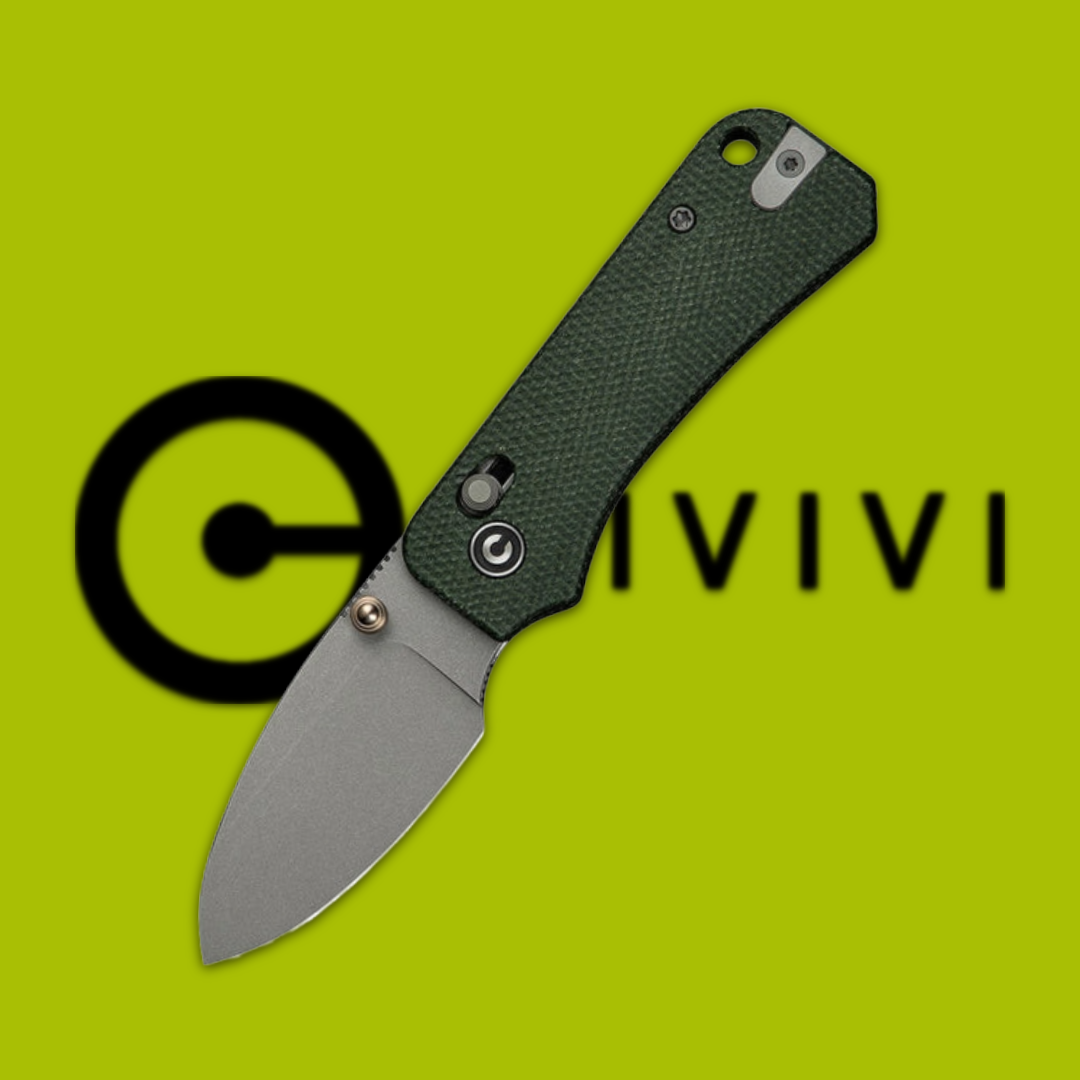 Green folding knife with a metallic blade and logo background.