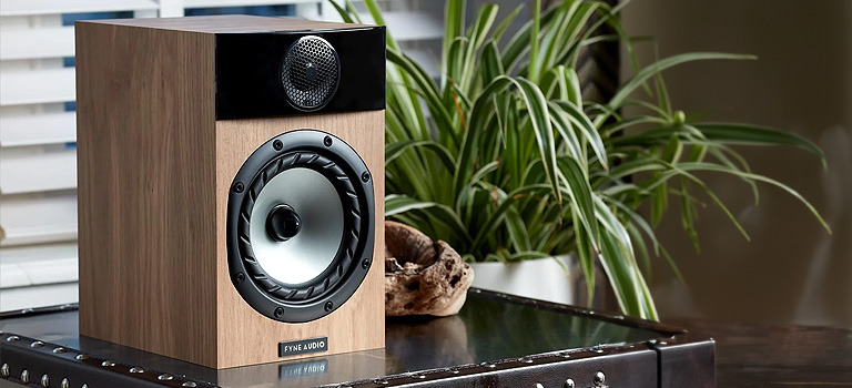 Wooden speaker on a table with a plant in the background.