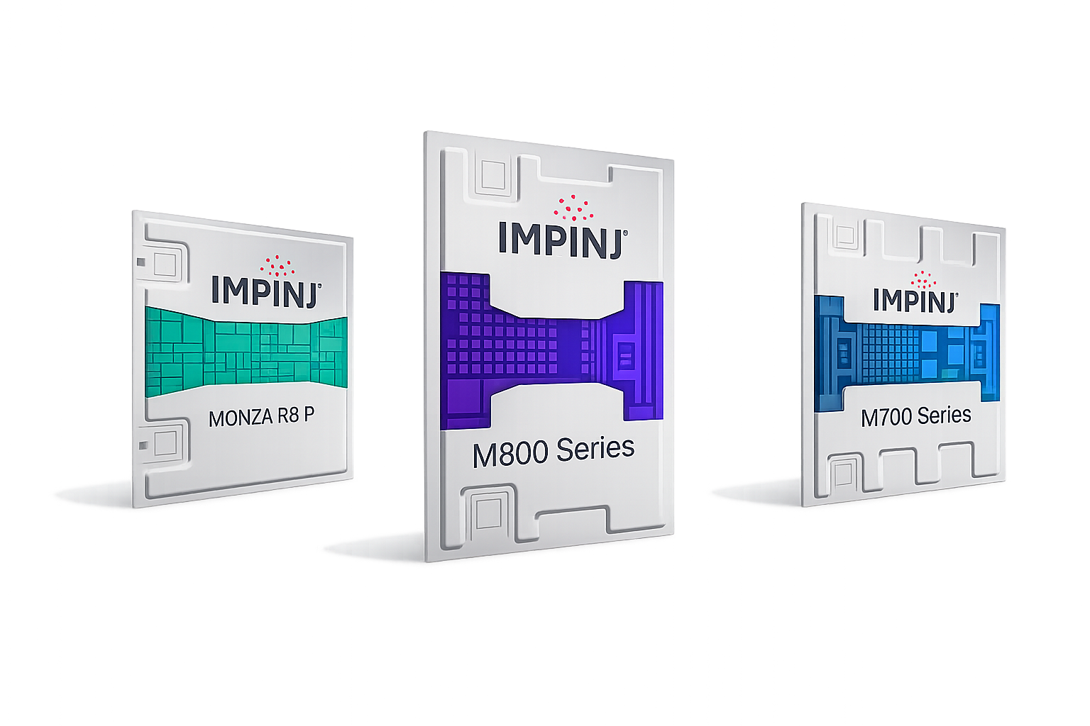 Three Impinj product displays representing different series of RFID chips.