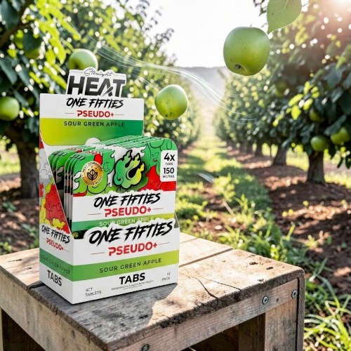 Box of snacks in an apple orchard, with green apples hanging above.