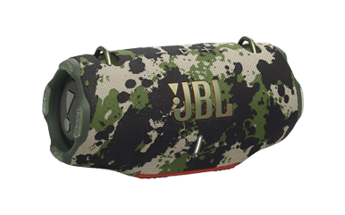 Portable JBL speaker with a camouflage design.