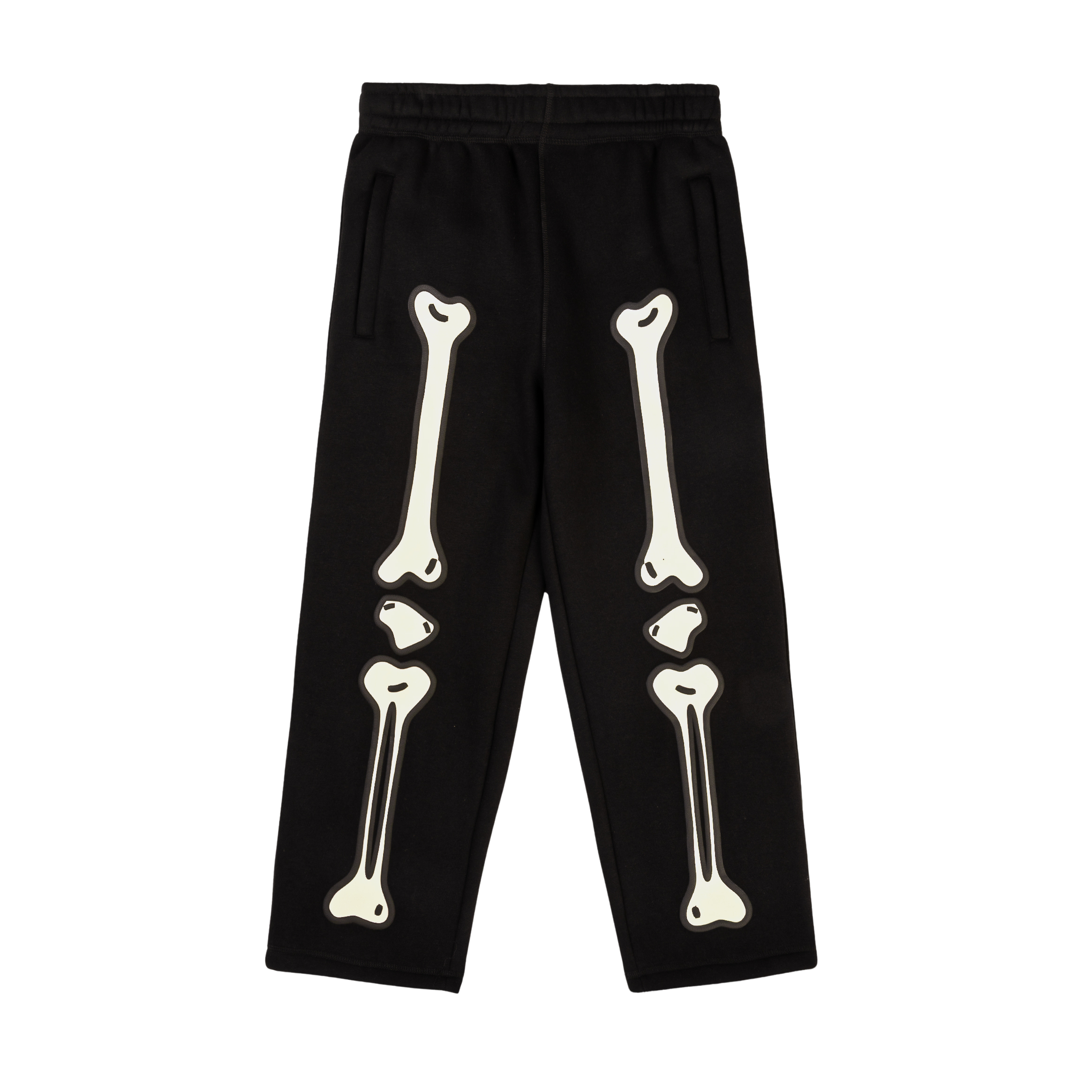 Black sweatpants with white skeleton bone print on the legs.