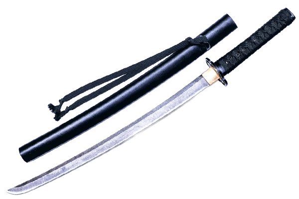 A katana with a black sheath and a textured handle.