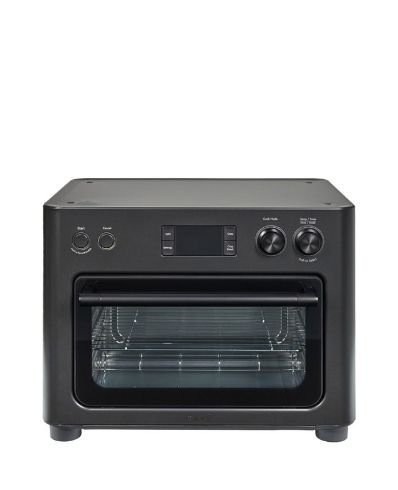 Black countertop oven with digital display and control knobs.