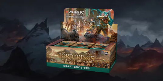 MTG Card set list - Lord of the Rings - Magic: The Gathering booster box with fantasy artwork in a dramatic background.