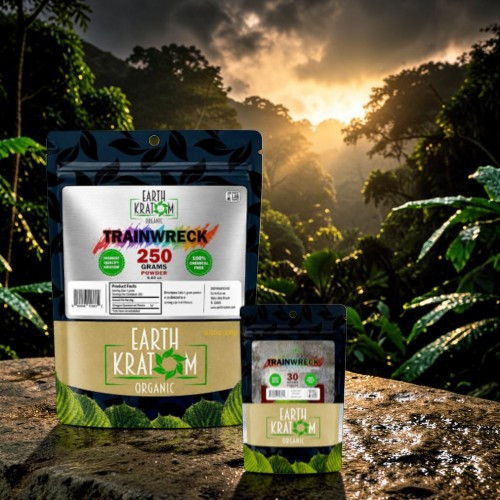 Two bags of kratom in a jungle setting during sunset.