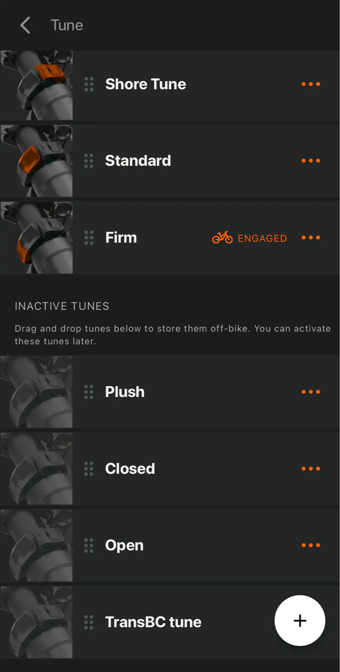 Tune settings interface with different options and inactive tunes list.