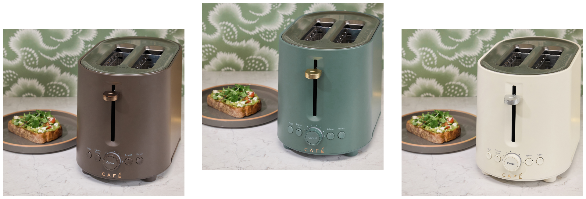 Three stylish toasters in brown, green, and white with toast and a plate.
