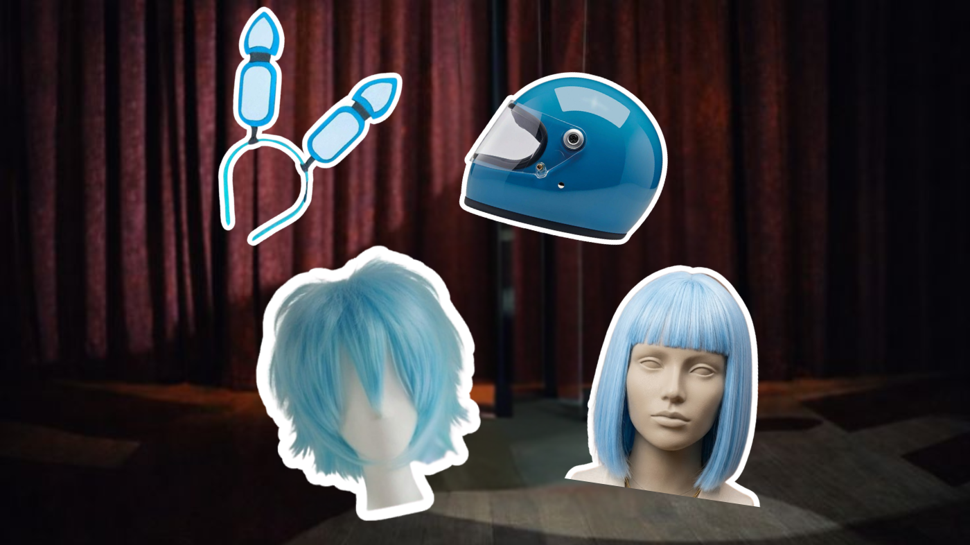 Toy Bonnie cosplay head and ears featuring blue bunny ears on headband, styled blue wig with bangs, and animatronic-inspired Five Nights at Freddy’s character silhouette design