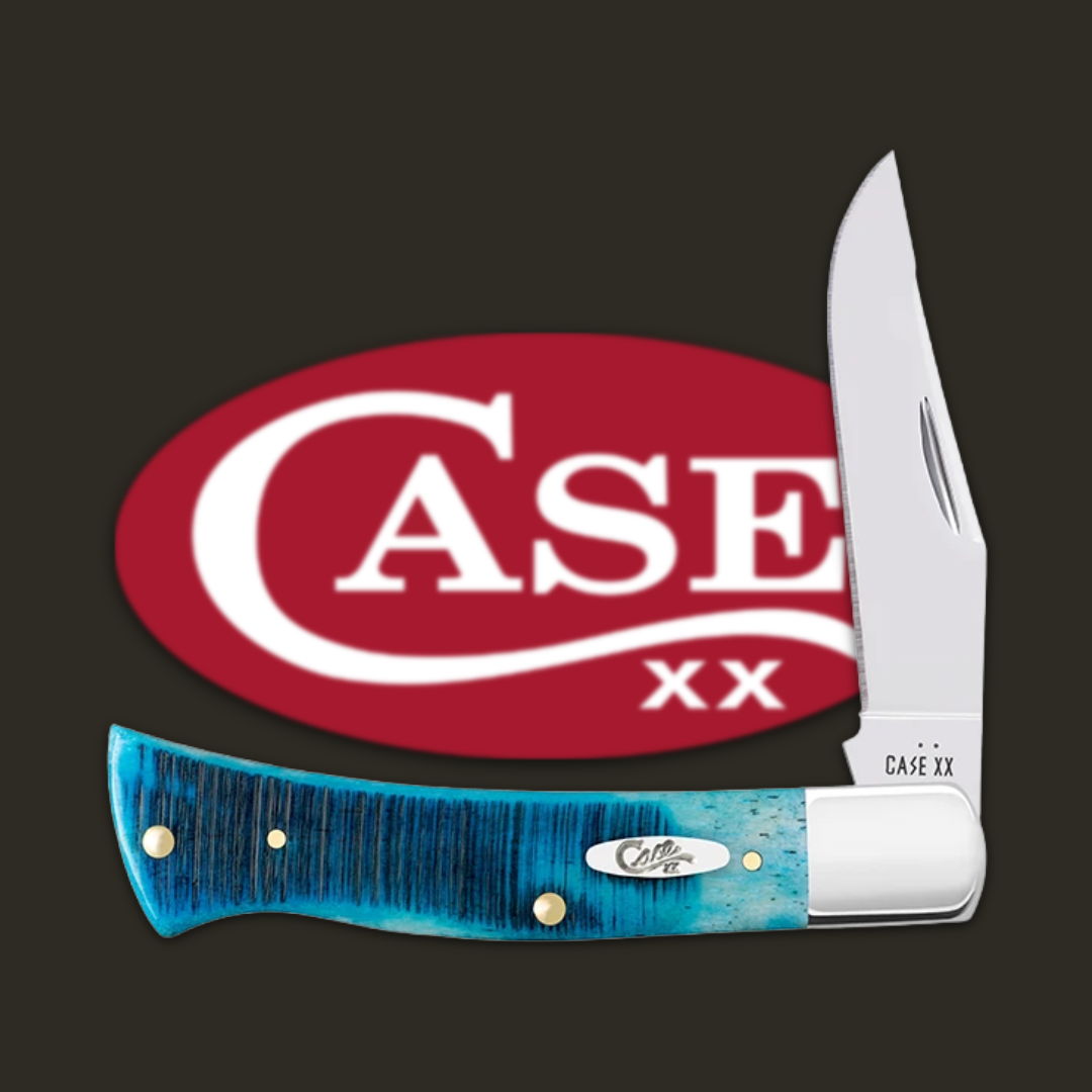A folding knife with a blue handle and a Case logo.