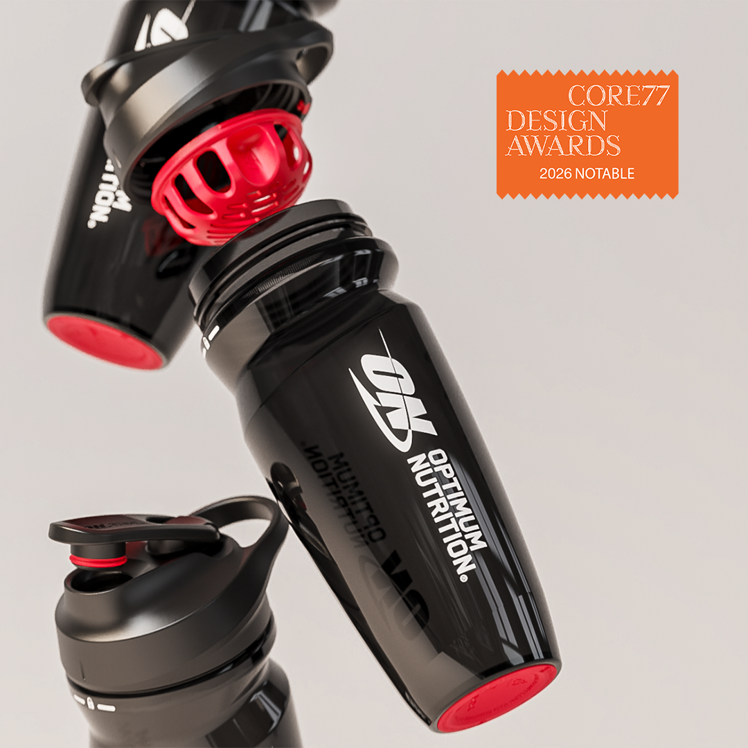PROMIXX Opti-Lock Shaker for Optimum Nutrition shown in an exploded view, with the Core77 Design Awards 2026 Notable badge