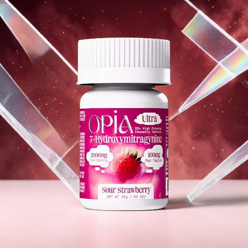 Bottle of Opia gummy vitamins with a strawberry flavor on a colorful background.