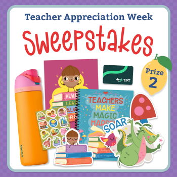 Teacher Appreciation Week Sweepstakes prize featuring various school supplies and stickers.