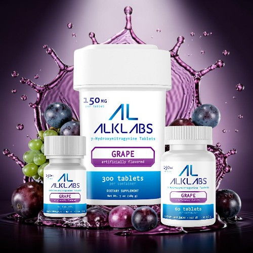 Bottles of grape-flavored supplements surrounded by grapes and purple background.