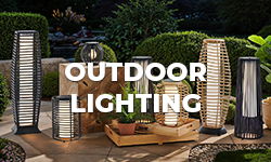 Outdoor lighting fixtures arranged in a garden setting.