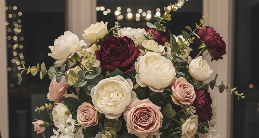 Floral bouquet with burgundy peonies, dusty rose flowers, and eucalyptus leaves.