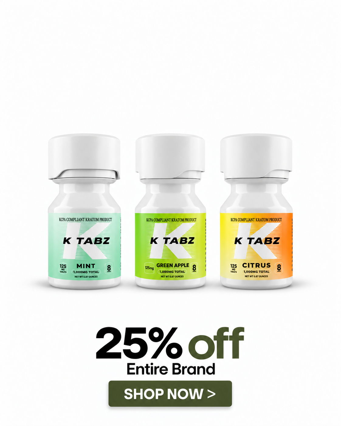 Three K TABZ bottles with a 25% off promotion.