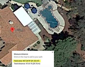 Google Maps satellite view with a measured outline around a swimming pool