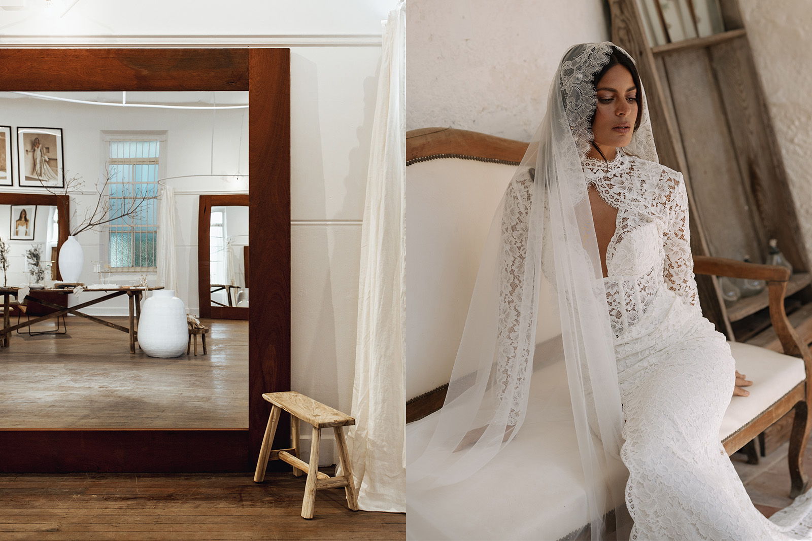 Bride in a wedding dress with veil, mirror reflecting a room.