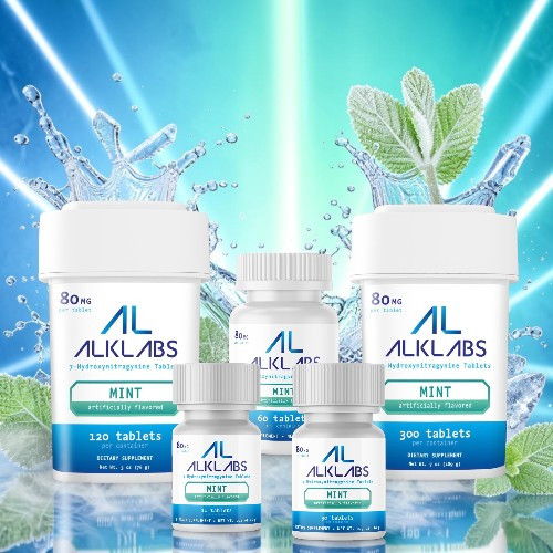 Bottles of mint-flavored supplements with a blue and green background.