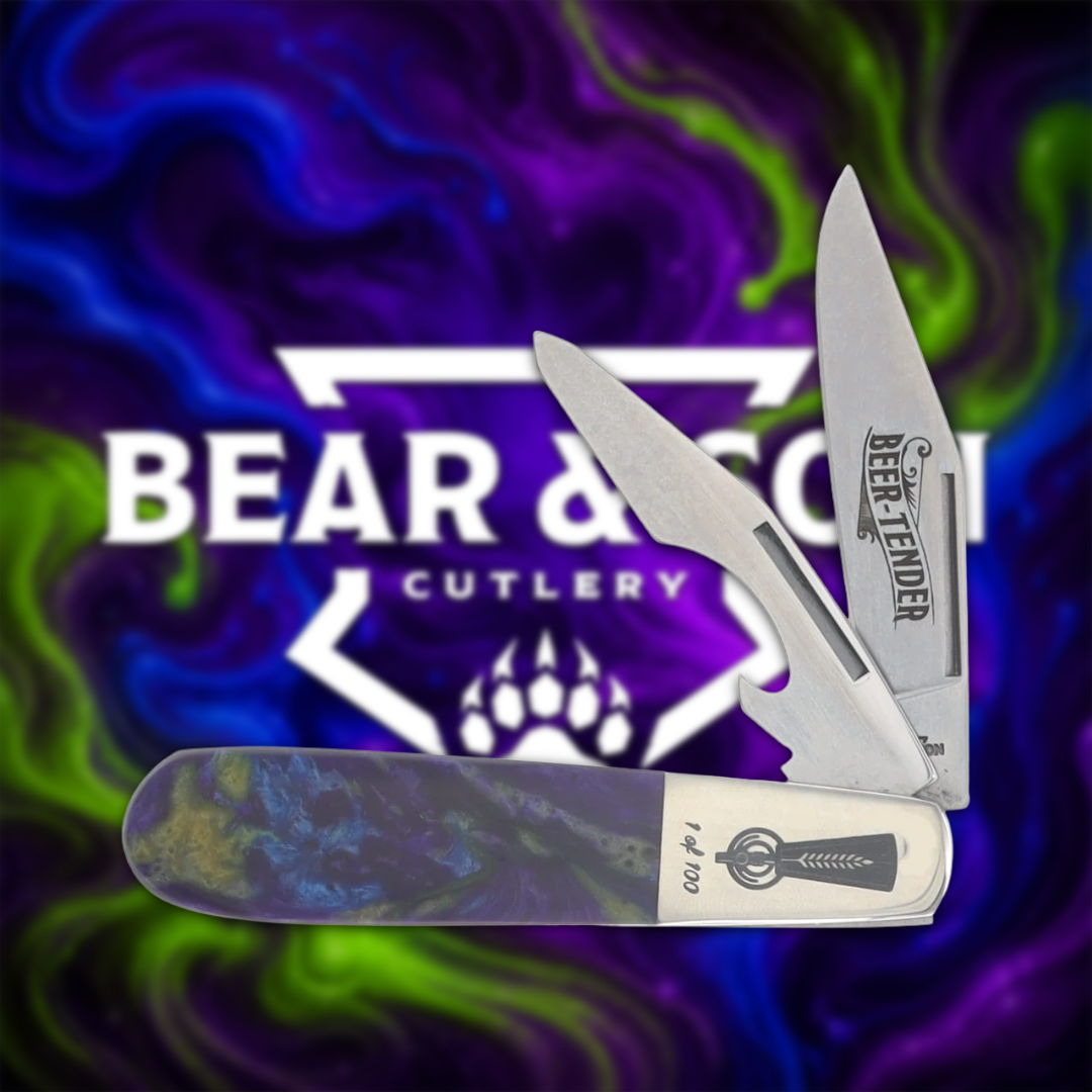 A folding knife with a colorful handle and Bear & Son Cutlery logo background.