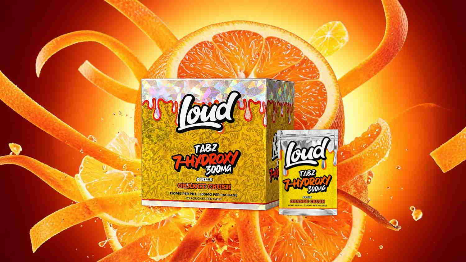 Loud orange-flavored candy boxes against a vibrant orange background.