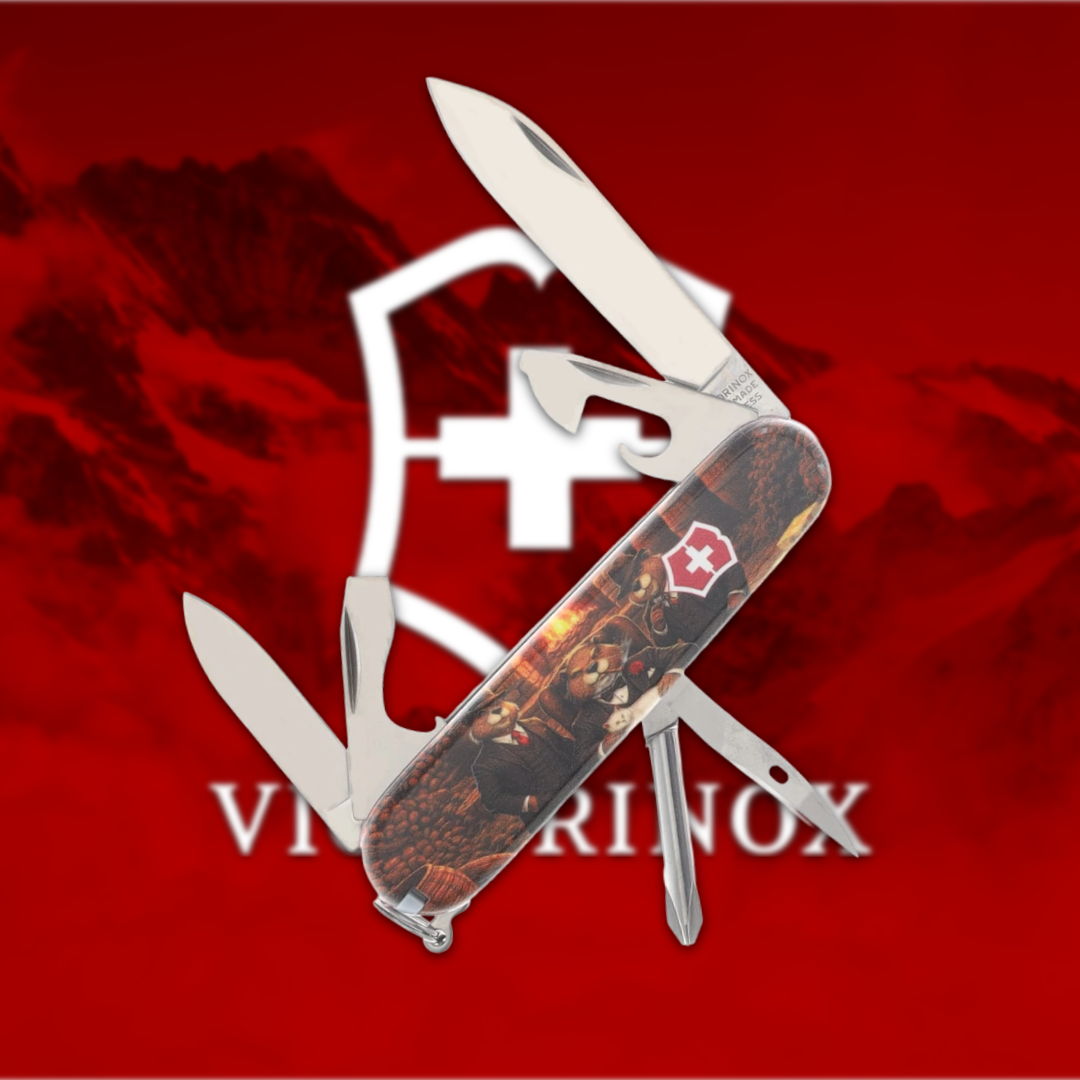 Swiss Army knife with logo on a red background.