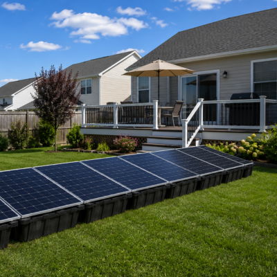 A backyard with solar panels and a house in the background.