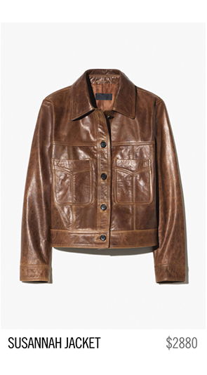 Brown leather jacket with front pockets, labeled 