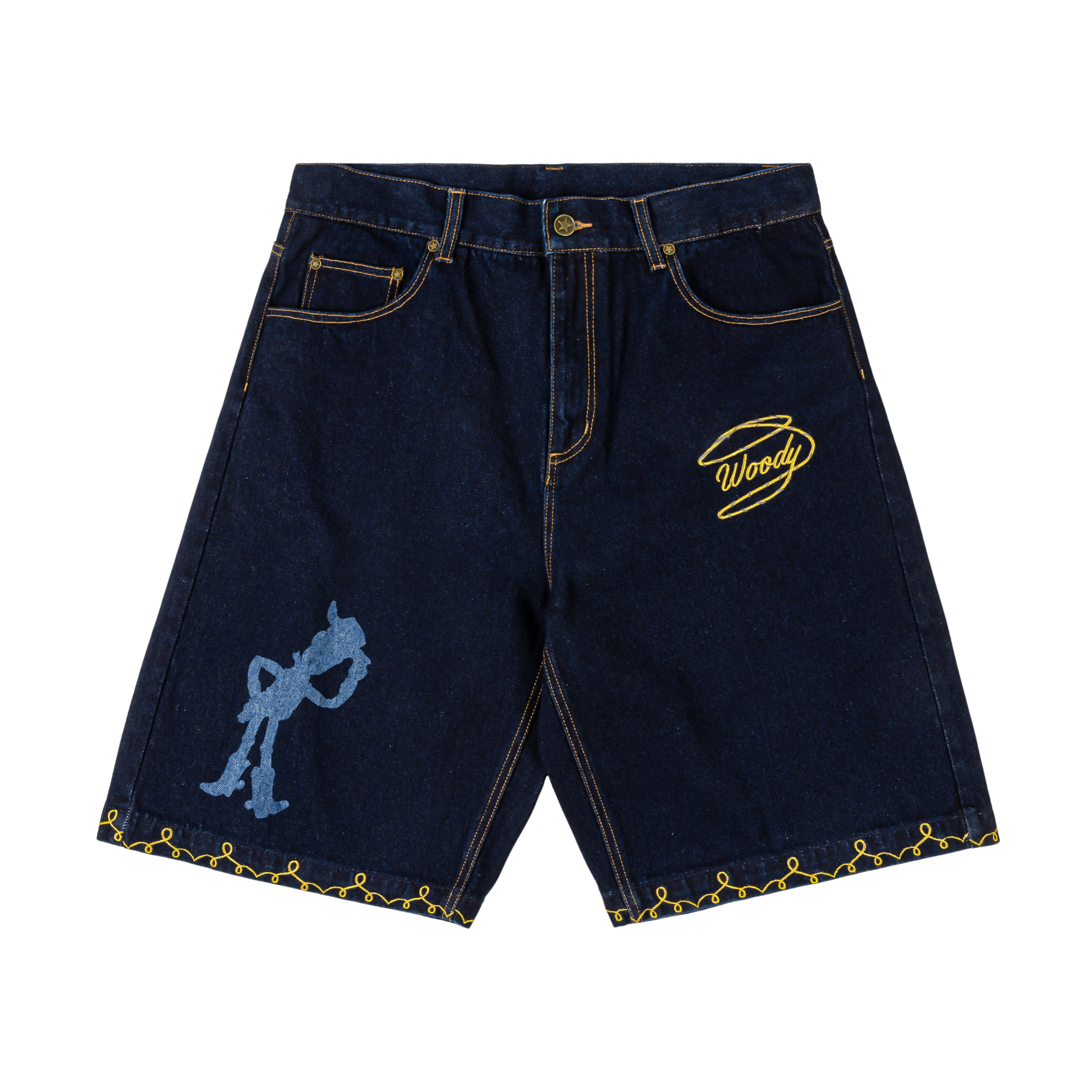 Denim shorts with blue and yellow cartoon designs.