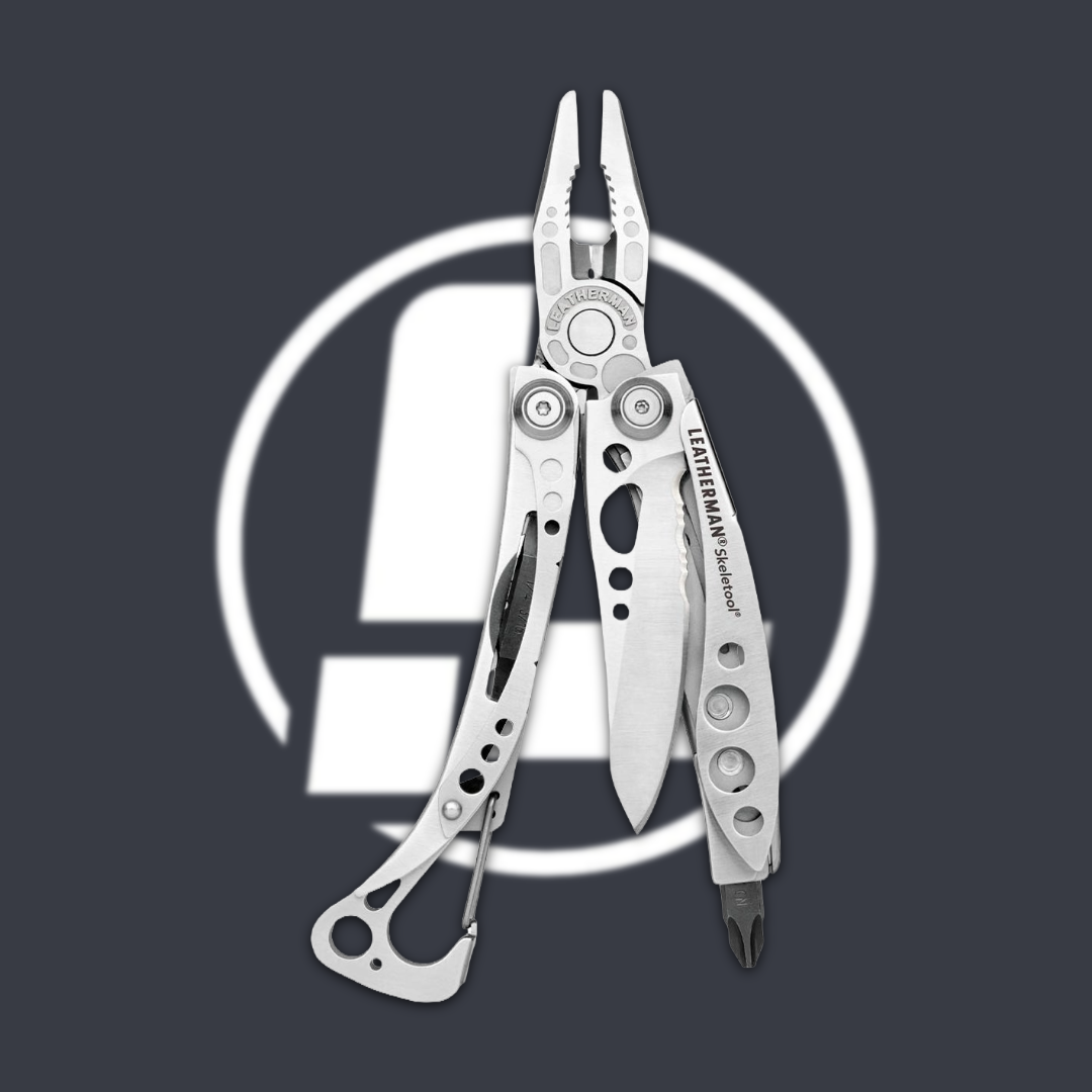 Multi-tool with pliers and various attachments on a dark background.