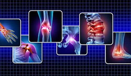 Medical illustrations of joints and spine with highlighted areas of pain.