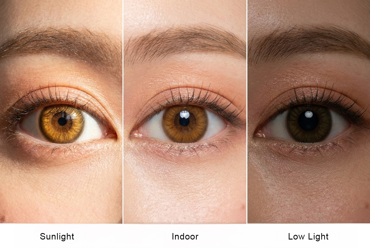The same hazel colored contact lens on dark brown eyes photographed in sunlight, soft indoor light, and low light showing how lighting changes the lens color appearance